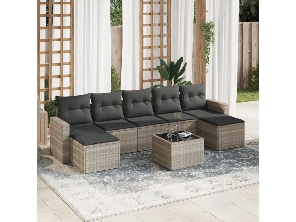 Set de sofás de jardín 8 pzas y cojines ratán sintético gris