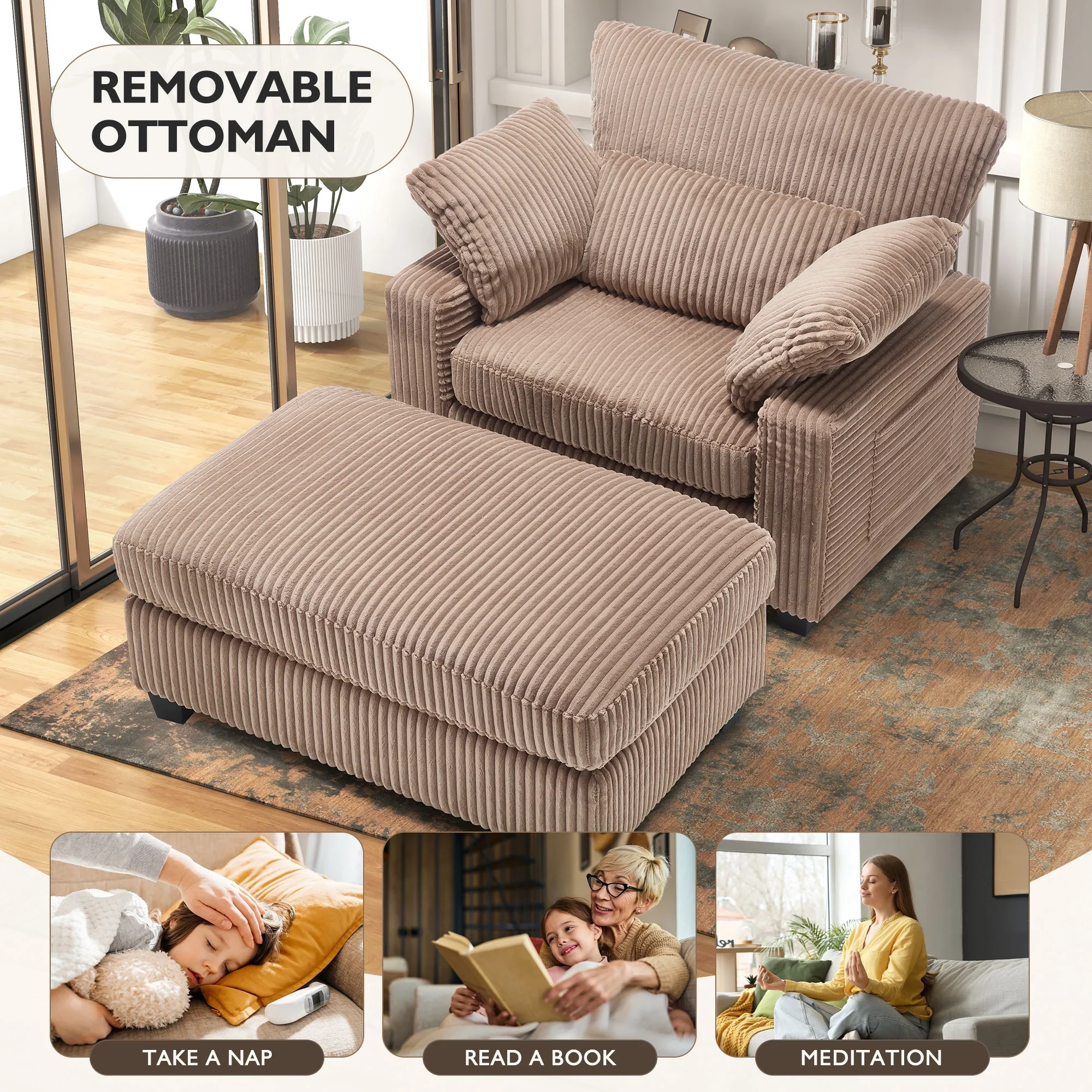 BedLuxury Oversized Accent Chair with Ottoman for Living Room, Single Sleeper Sofa Armchair with 3 Pillows, Lounge Sofa Bed, Green