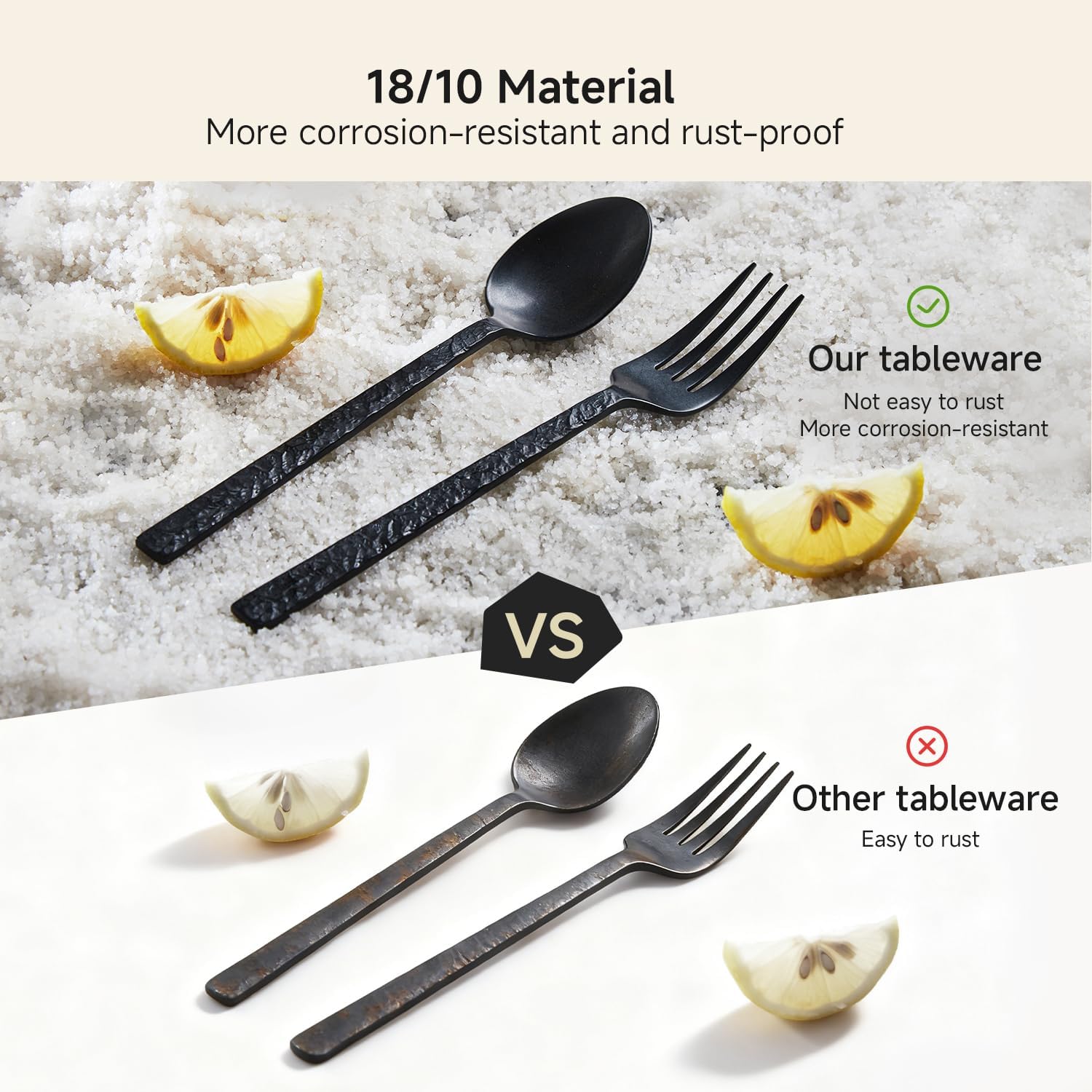 KINGSTONE 60 Pcs Black Hammered Silverware Set for 12, 18/10 Stainless Steel Heavy Duty Flatware Set, Tableware Cutlery Utensil Sets for Home Restaurant Dishwasher Safe