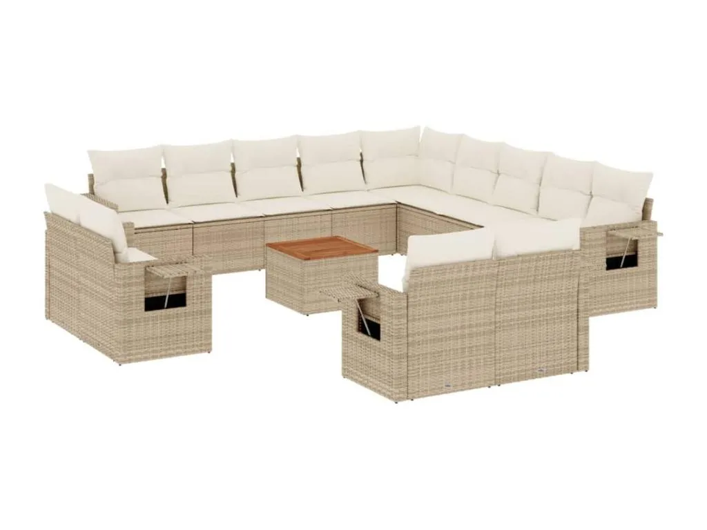 Set sofás de jardín 14 pzas con cojines ratán sintético beige