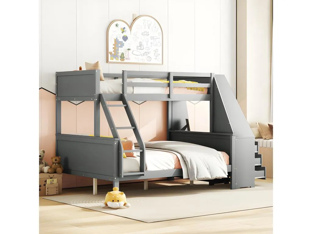 Litera 140x200 cm - escritorio lateral con 3 cajones grandes - Gris