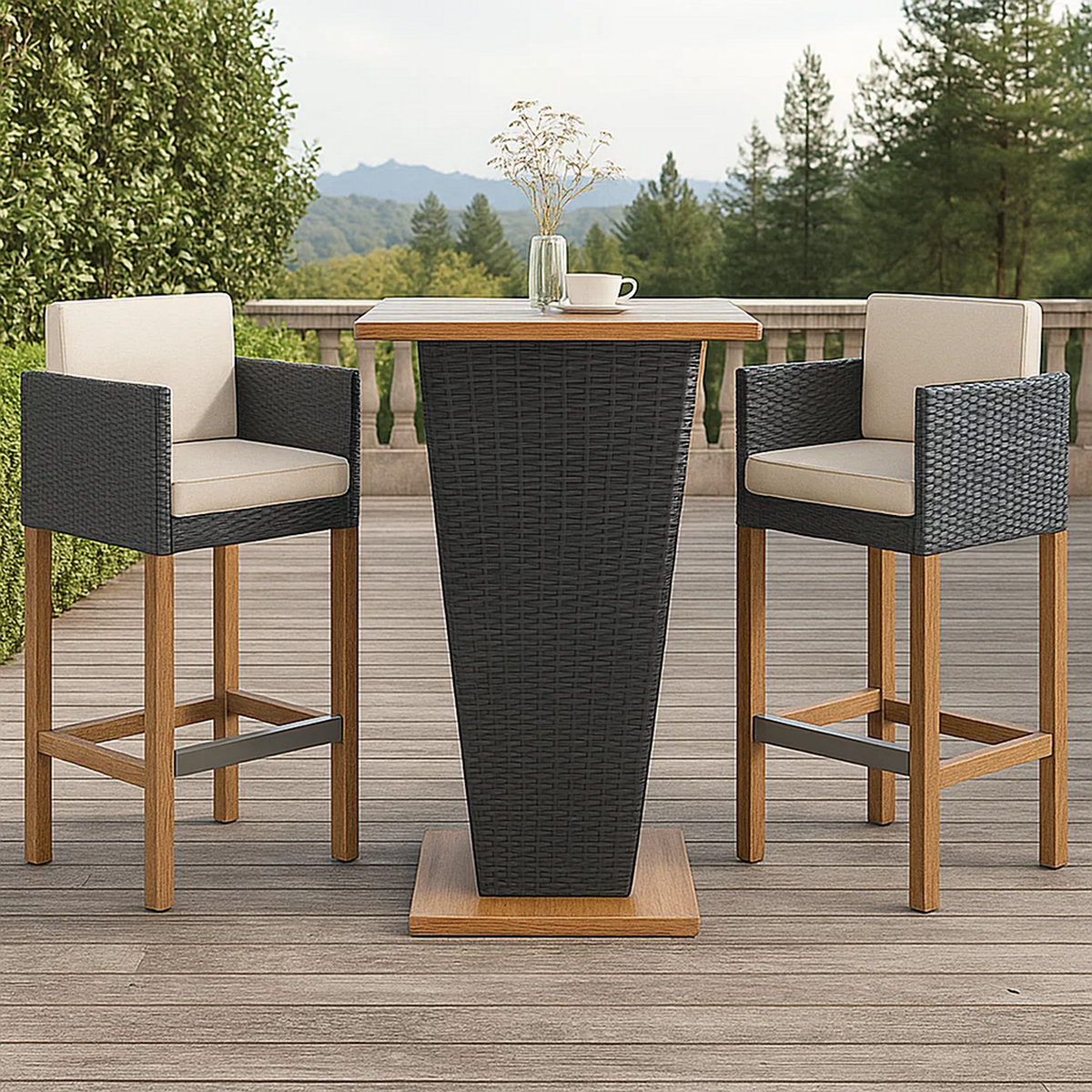 Conjunto de bar para jardín 3 pzas ratán sintético negro cojines – mesa alta y 2 taburetes