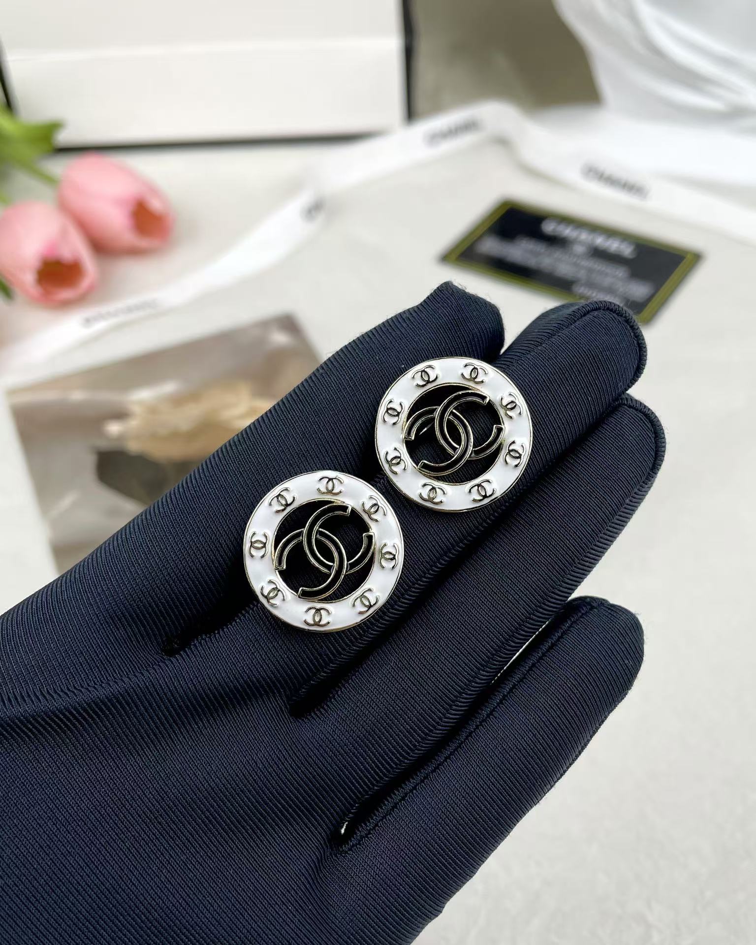 Chanel Round White and Black Enamel Stud Earrings - Original Replica Club