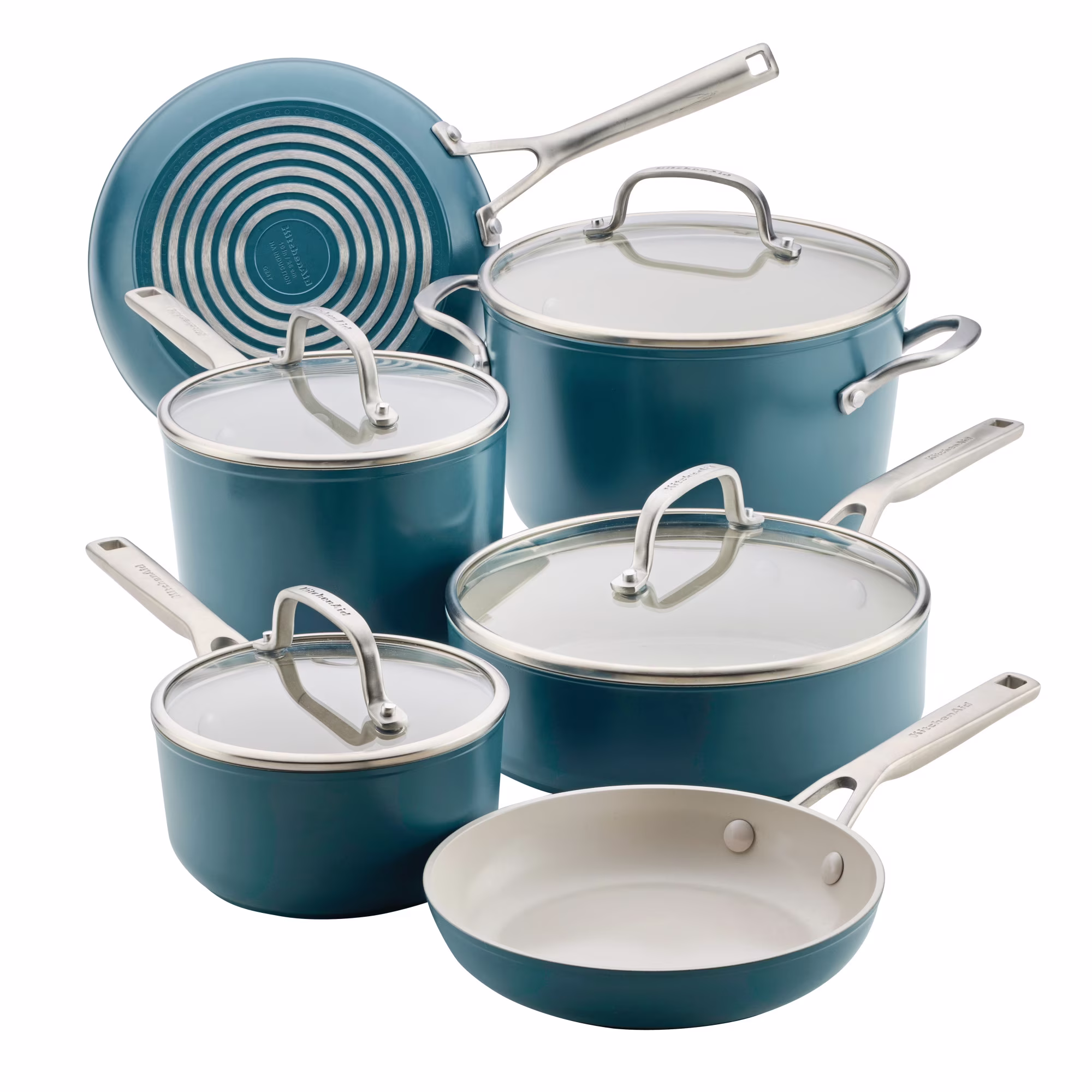 KitchenAid Hard-Anodized 10 Pcs Ceramic Induction Cookware Set, Dishwasher Safe and Oven Safe to 500-F, Agave Blue