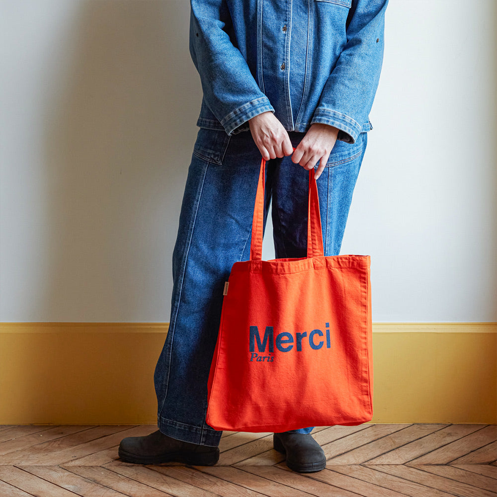Merci - Tote Bag en coton - Orange & Bleu Marine