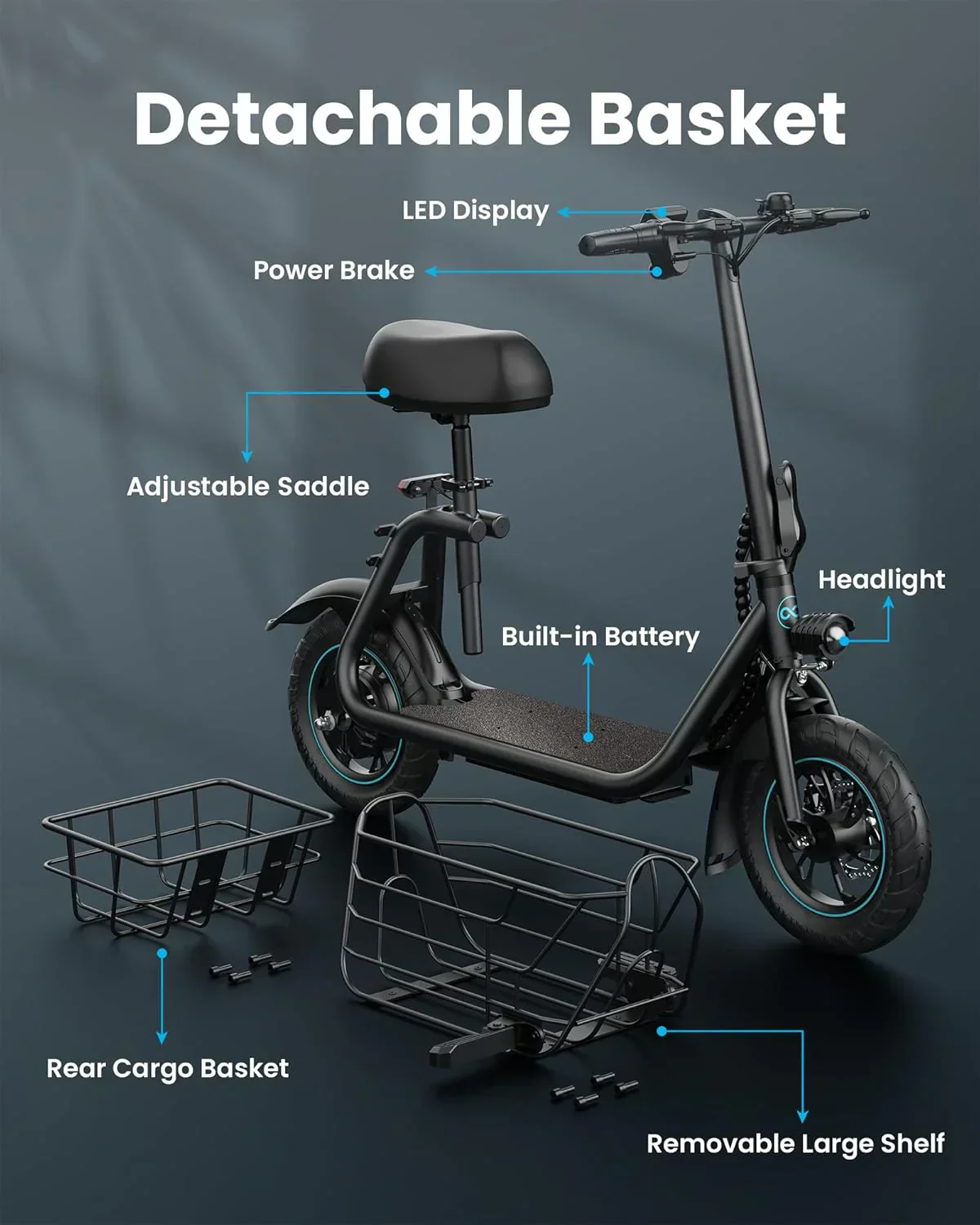 Gyroor Adult Electric Scooter with Large Center Basket 20 Mile Range Foldable and Seat
