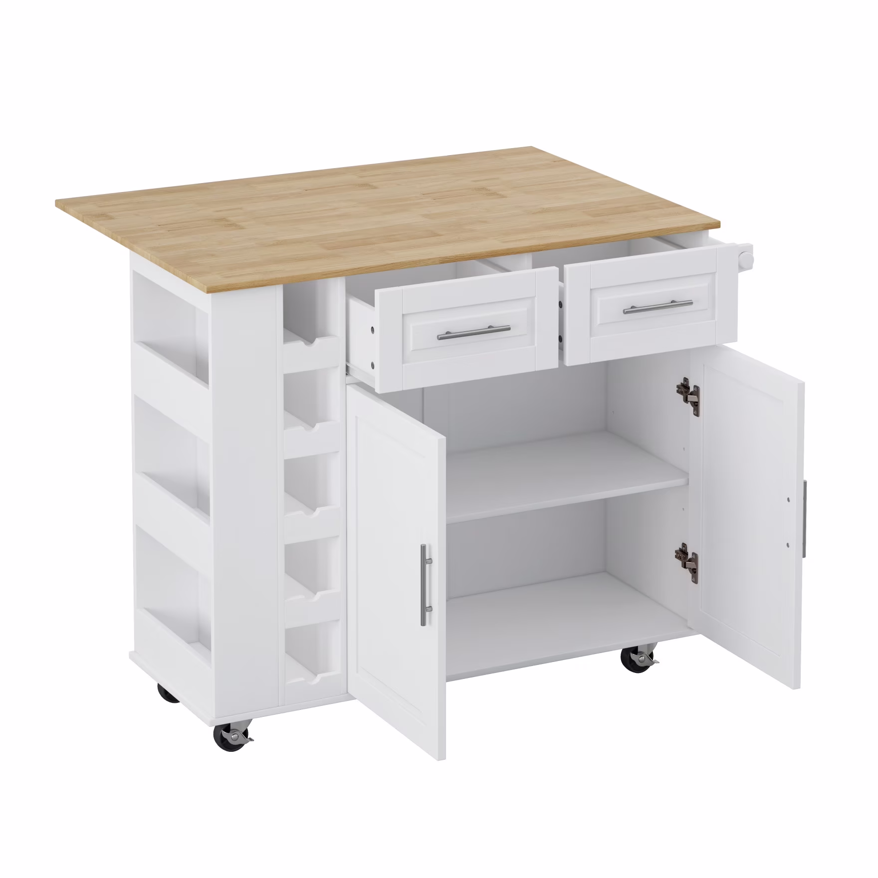 Movable Kitchen Island Cart with 2 Door Cabinet, 2 Drawers and Drop Leaf Top, Island Table with Spice Rack, Towel Holder, Wine Rack and Wheels, Kitchen Storage Cabinet, White(2 door+2 drawer+wine rack+drop leaf/White)