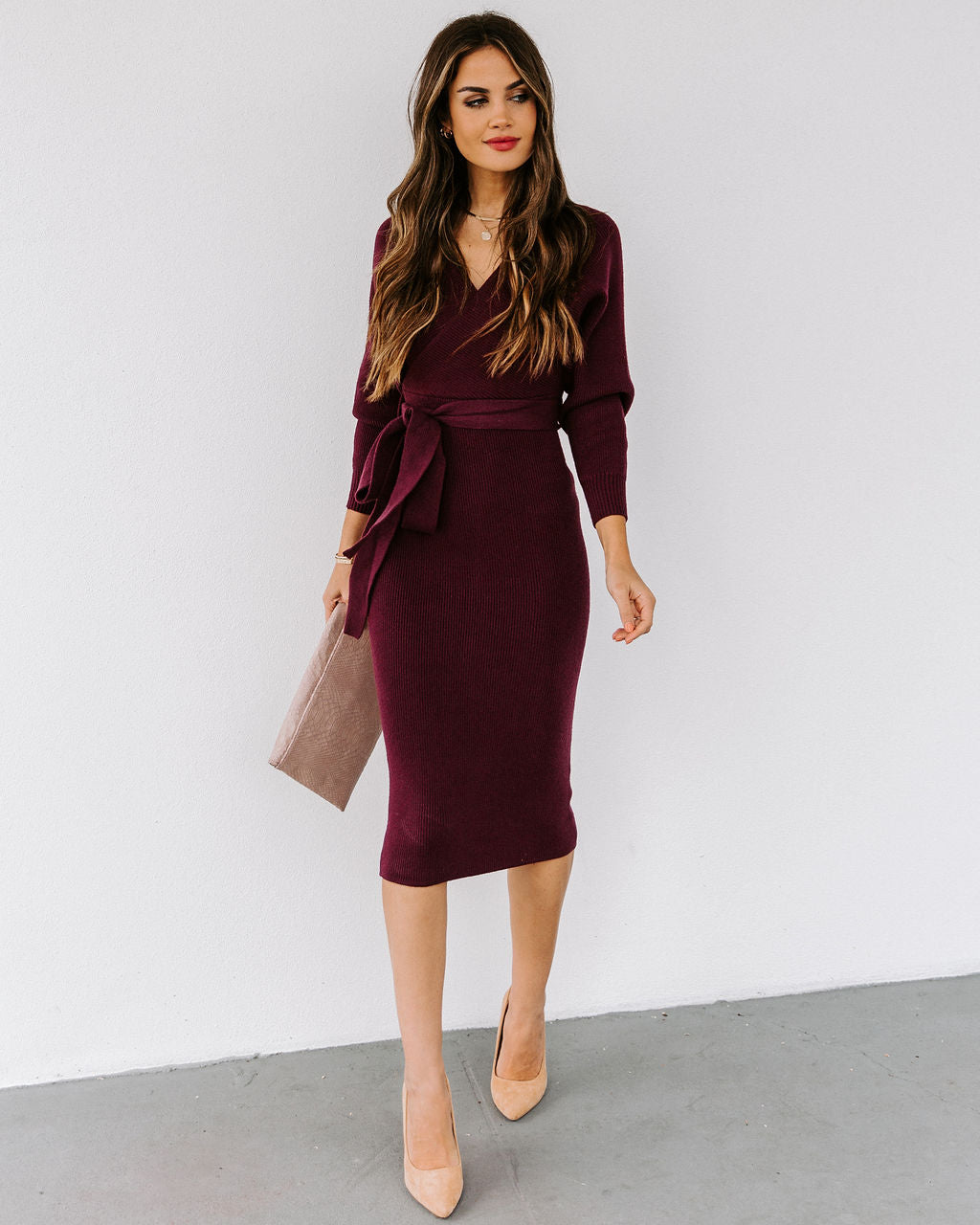 Yara Drape Knit Midi Sweater Dress - Plum - Se7enfashion