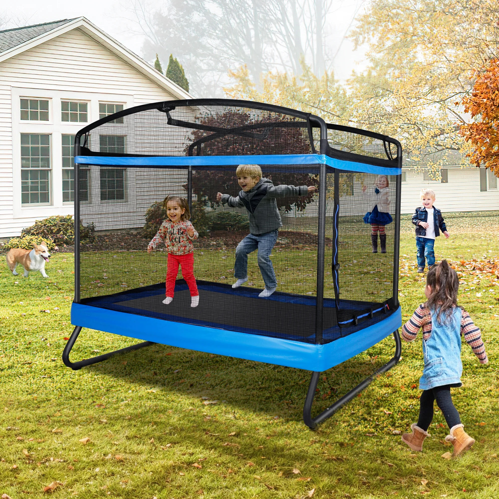 GIKPAL 3-in-1 Kids Trampoline with Swing Set, 6FT Rectangle Toddler Trampoline Indoor/Outdoor for Ages 3-8, Heavy-Duty Jumping Mat for Backyard Play, Blue - Image 2