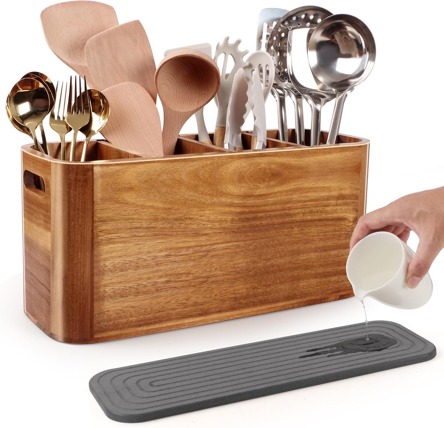 Wooden Utensil Holder for Kitchen Counter, Large Utensil Organizer for Storage Cooking & Silverware with 4 Compartment, Acacia Rustic Wood with Diatomaceous Earth Base Matte