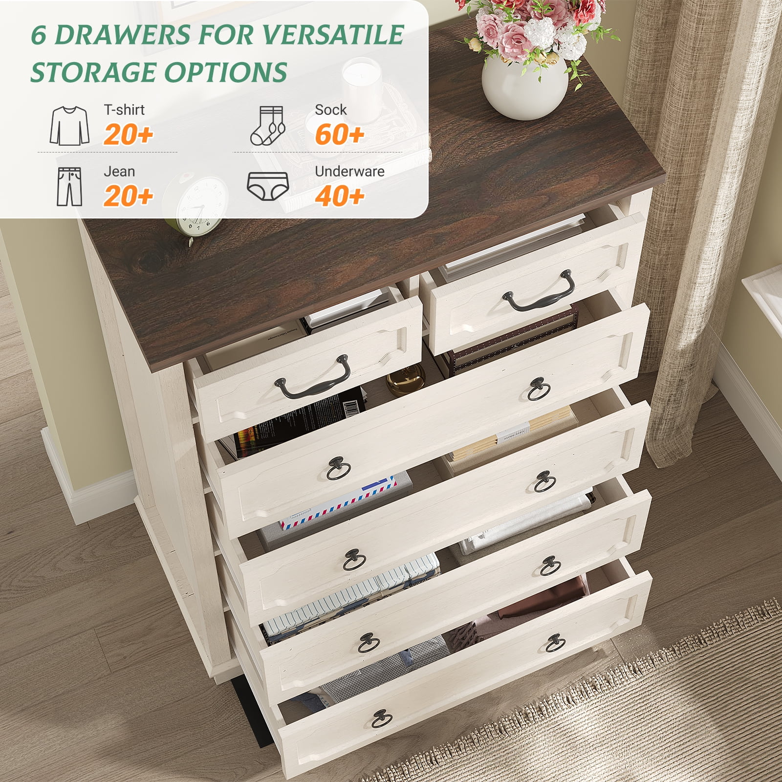 Vabches Farmhouse 6 Drawer Dresser, 43" Tall Chest of Drawers for Bedroom, Living Room, Hallway, Entryway, Antique White - Image 4