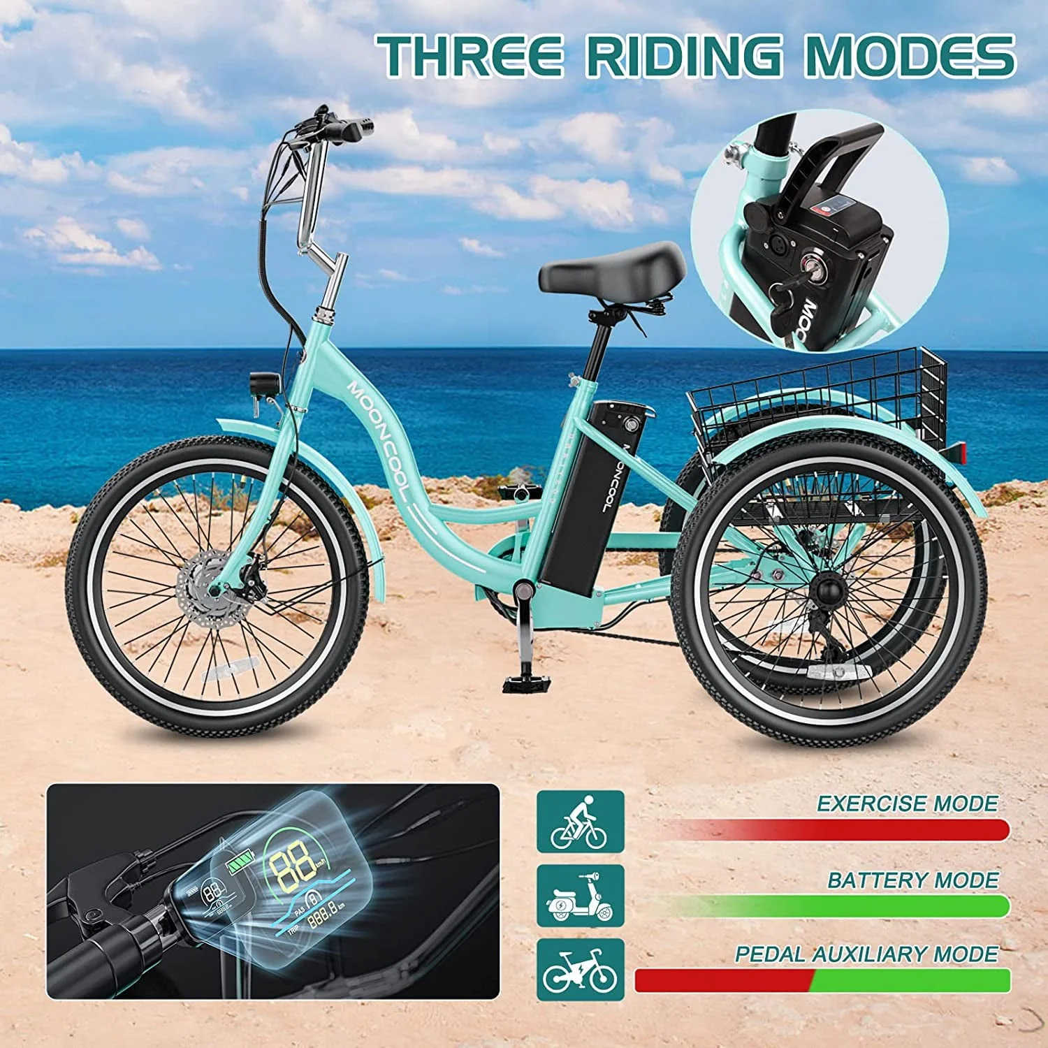MOONCOOL Electric Tricycle, 350W 36V 24 Inches 7 Speeds 3 Wheels Electric Bikes for Adults, Motorized Electric Trike Three Wheel Electric Bicycle - Image 10