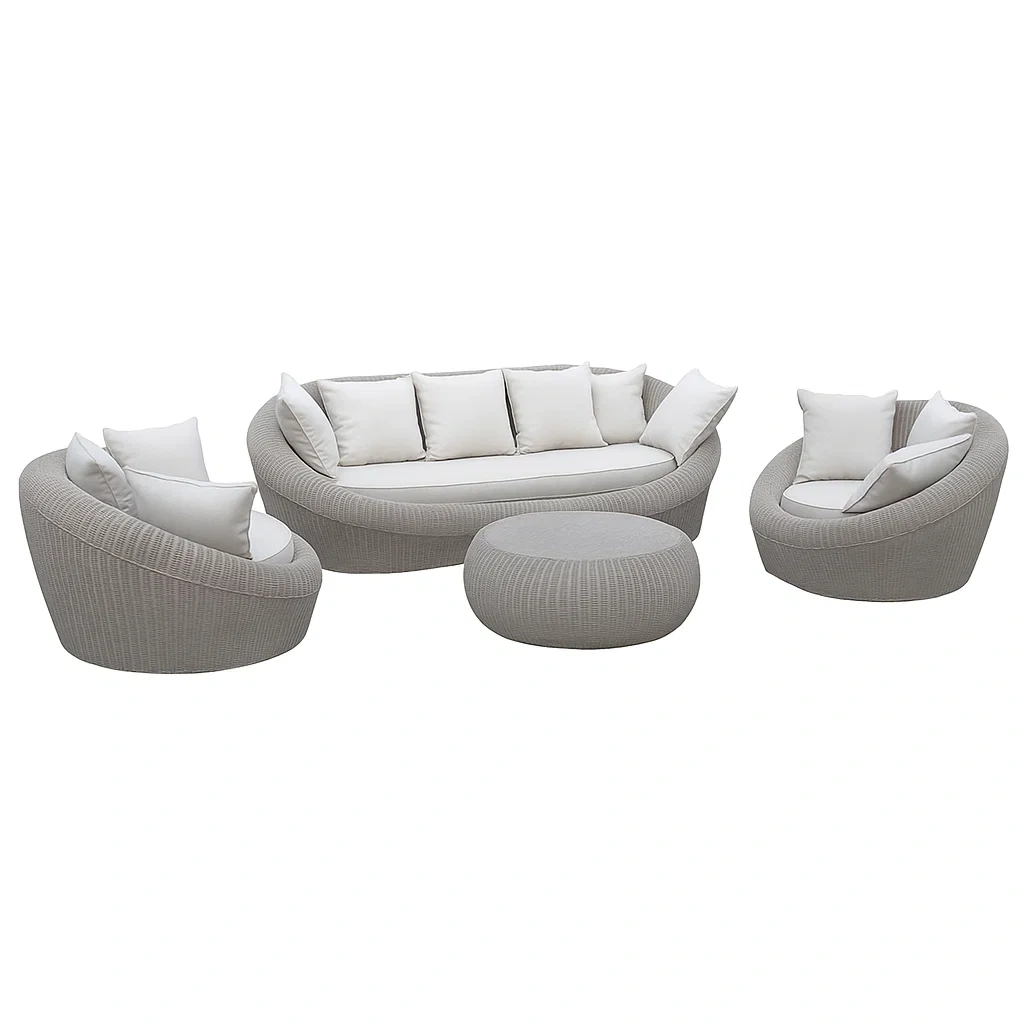 Conjunto de jardín para 5 personas, Estructura de ratán sintético, 1 sofá de 3 plazas, 2 sillones, 1 mesa redonda, Gris y cojines blancos - VrWMLyN204Lr