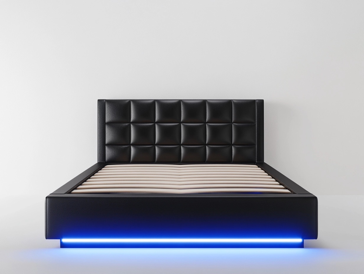 Cama matrimonial negra con cabecero acolchado y luz LED azul