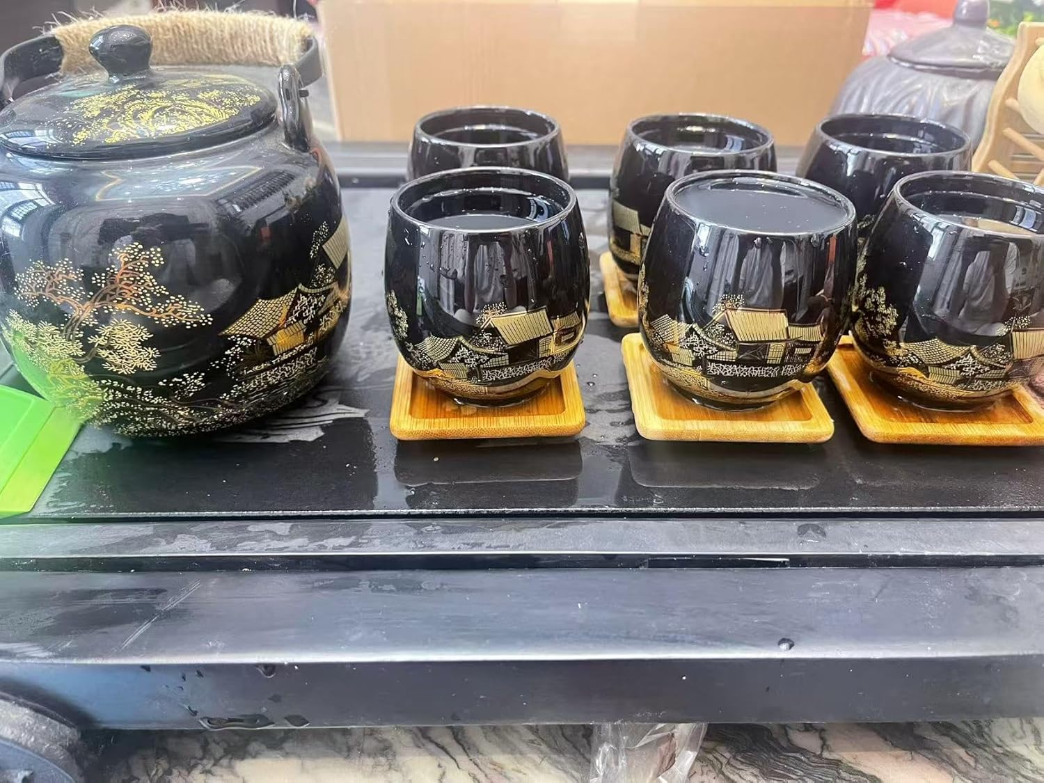 Gift Set Japanese Tea Set, Asian Black Glazed Ceramic Tea Set - Contains 1 Teapot, 1 Tea Strainer and 6 Teacups. Ideal for Home, Outdoor, Office (Black2)