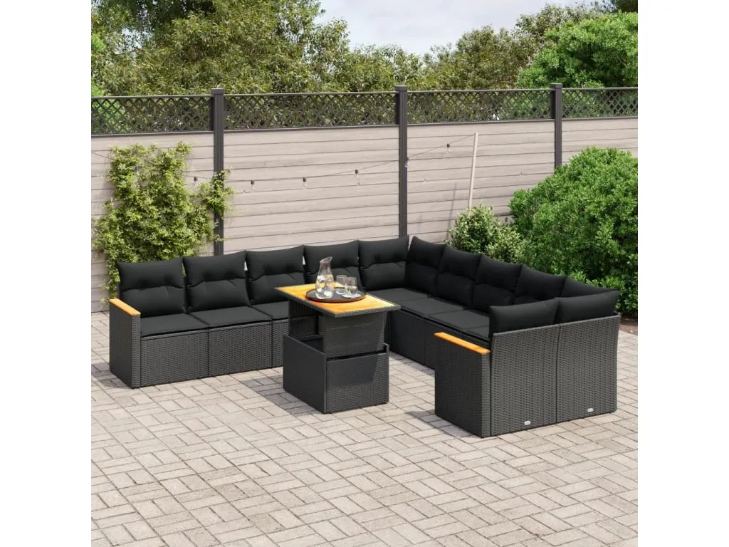 Hogarmini Set de sofás de jardín 11 pzas y cojines ratán sintético negro wdpa02726