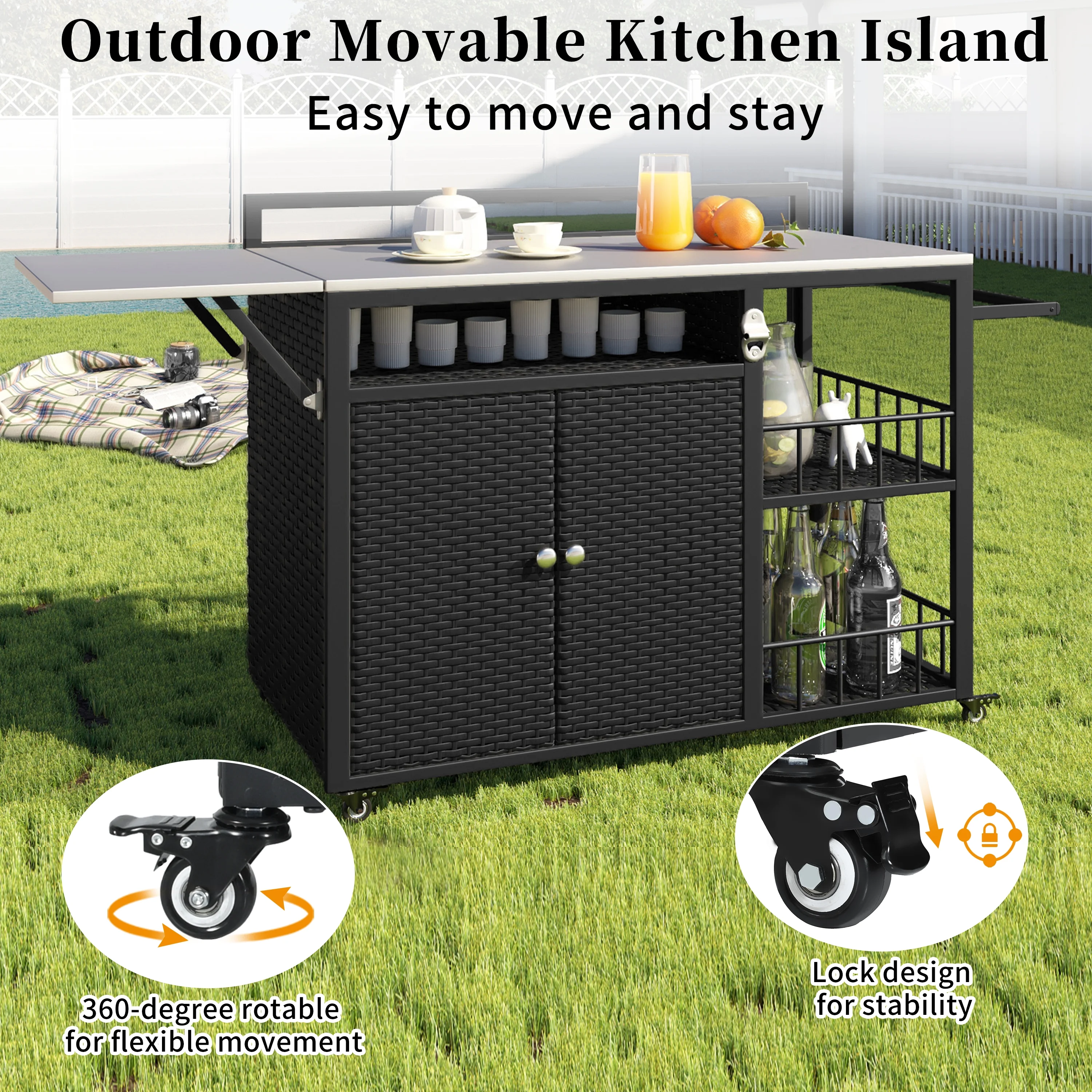 Euroco Outdoor Rolling Bar Cart with Foldable Stainless Steel Tabletop, Storage Cabinet, Bottle Opener & Lockable Wheels, PE Rattan Patio Kitchen Serving Station for BBQ & Entertaining - Image 5