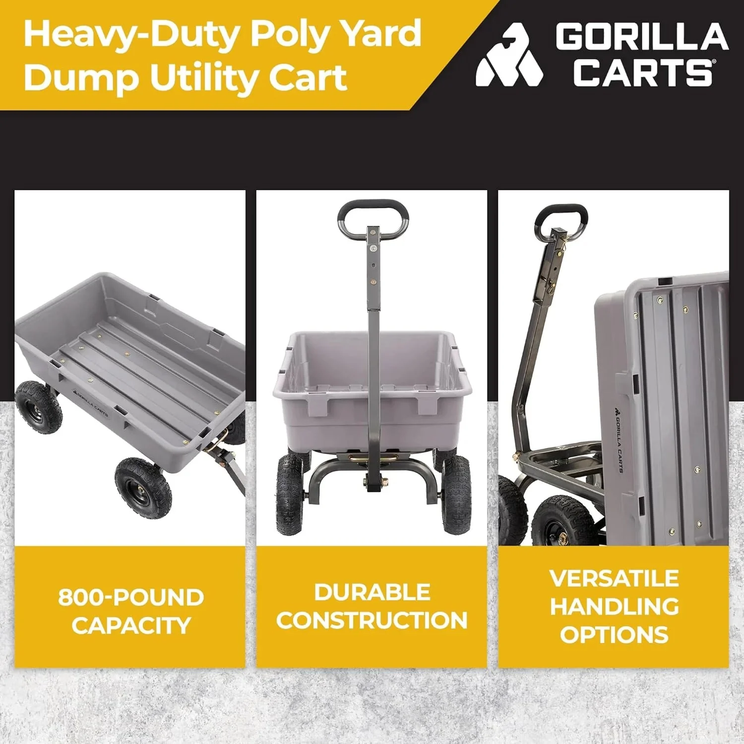 Heavy Duty Poly Utility Dump Wagon Garden Cart w/Pneumatic Tires, 6 Cu Ft - 1200 lb Capacity Outdoor Wheelbarrow for Yard, Landscaping & Gardening, Lawn Tractor or ATV Towable-Gorilla Carts