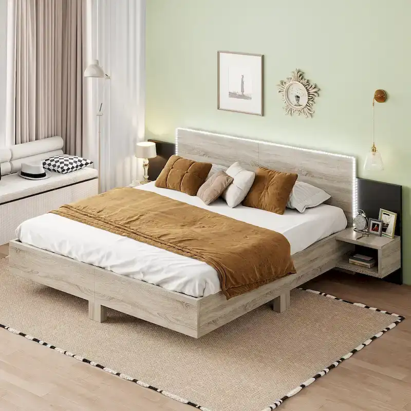 Modern King Size Wooden Floating Bed Frame with Nightstand and LED - Slatted Support Design