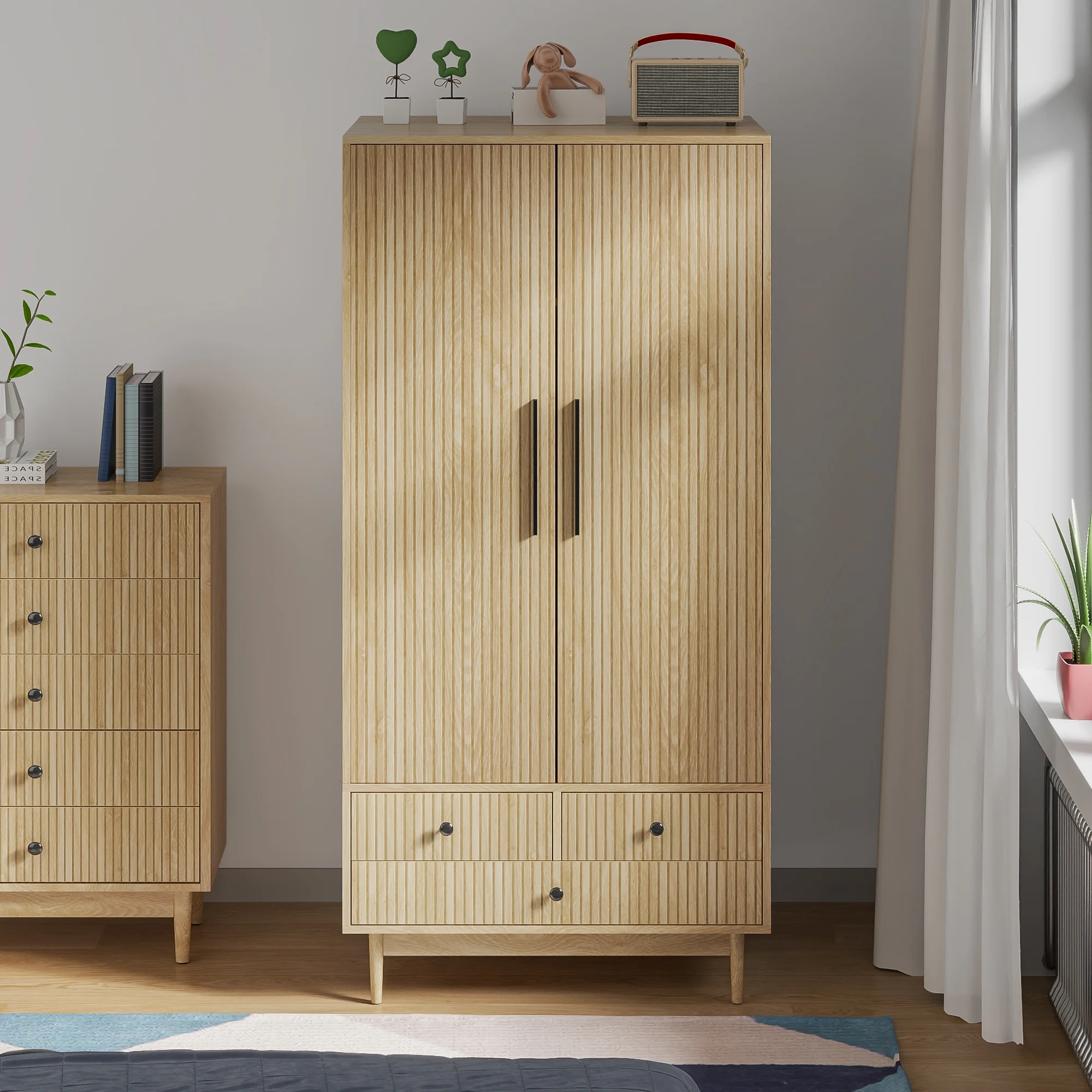 Oubayajia Wardrobe Armoire Closet, 2 Fluted Doors Wardrobe Cabinet with 3-Drawer and Hanging Rod, Wood Wardrobe Storage for Bedroom - Image 4