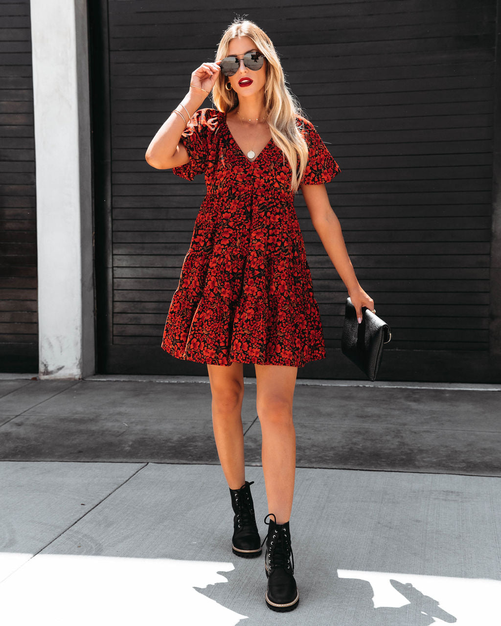 Picking Flowers Tiered Puff Sleeve Babydoll Dress - Black - Se7enfashion