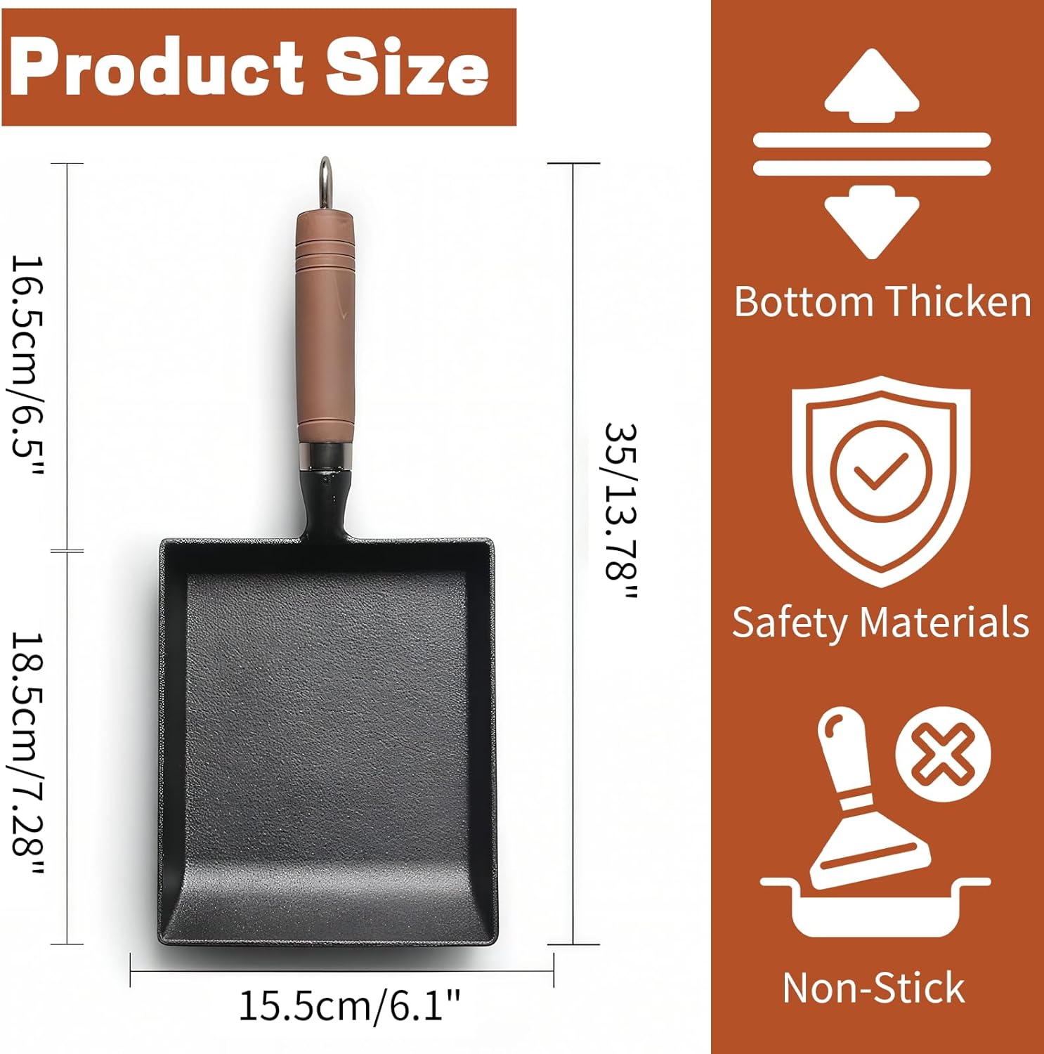 OUKENS Japanese Cast Iron Tamagoyaki Pan Nonstick, Multifunctional Square Japanese Egg Pan, Detachable Wood Handle, Oven Safe, for Omelets, Steak and Camping,6.1 x 7.3 Inch