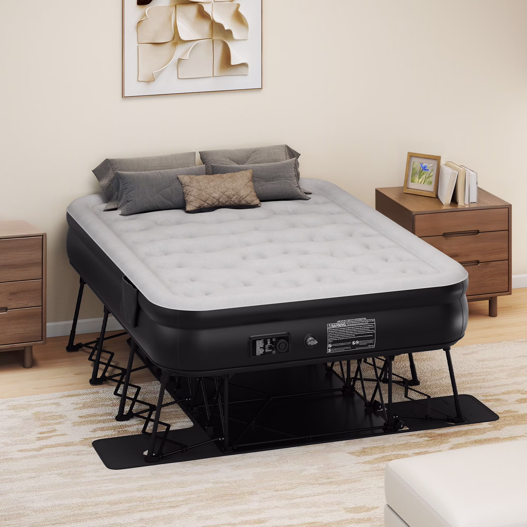 Dextrus Inflatable Queen Air Mattress with Built-in Pump, Frame, Velvet Surface & Portable Storage Case, Khaki
