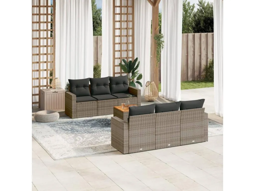 Set de sofás de jardín 7 piezas con cojines ratán PE gris XJIY29549