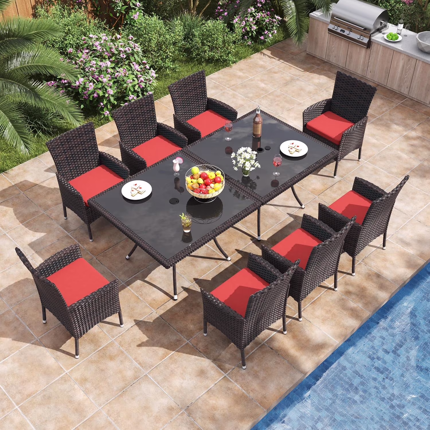 ALAULM 5 Pieces Patio Dining Set Outdoor Rattan Furniture with Square Glass Tabletop 4 Chairs with Cushions for Patio, Backyard Outdoor Kitchen Lawn & Garden Blue - Image 7