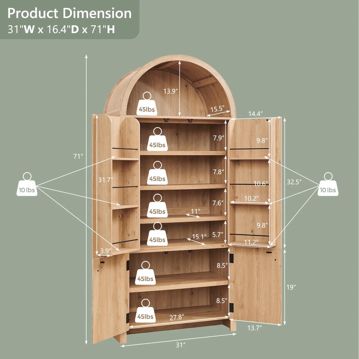 IFGET 71" Tall Arched Kitchen Pantry Storage Cabinet, Large Storage Cabinet with Adjustable Shelves, Pantry Cabinet for Kitchen, Dining Room - Image 2