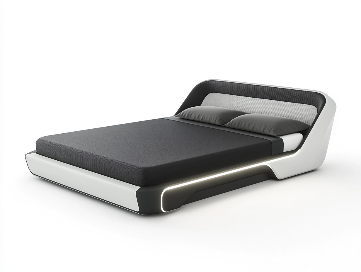 Cama futurista blanco y negro con luces LED integradas