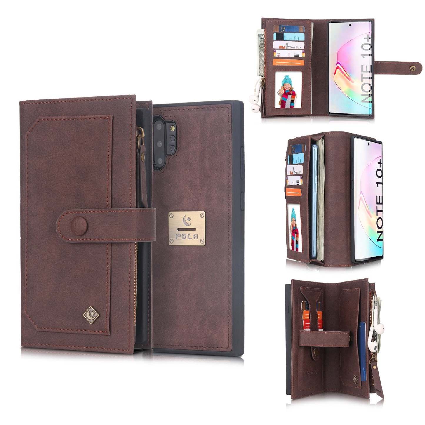POLA Samsung Wallet Case , Leather Zipper Purse Detachable Magnetic 10 Card Slots Money Pocket Clutch Protection Back Cases Cover