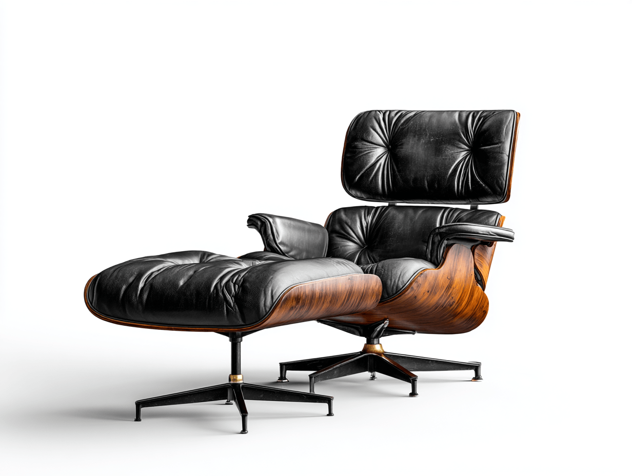 Sillón Eames Lounge con reposapiés – cuero negro y madera curvada – 84×91×89 cm – con cojín de asiento y respaldo