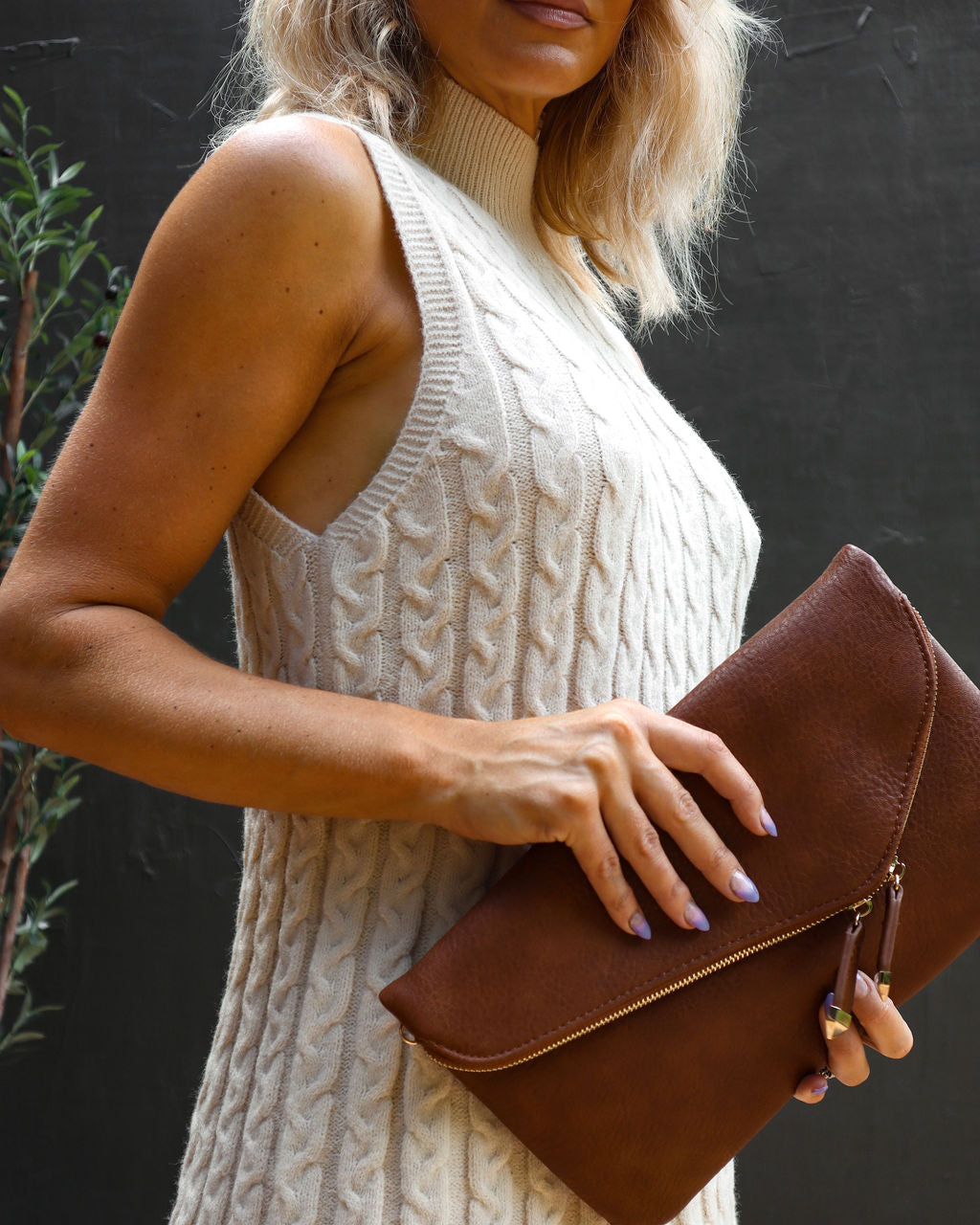 Rowen Cable Knit Mock Neck Sweater Dress - Oatmeal - Se7enfashion