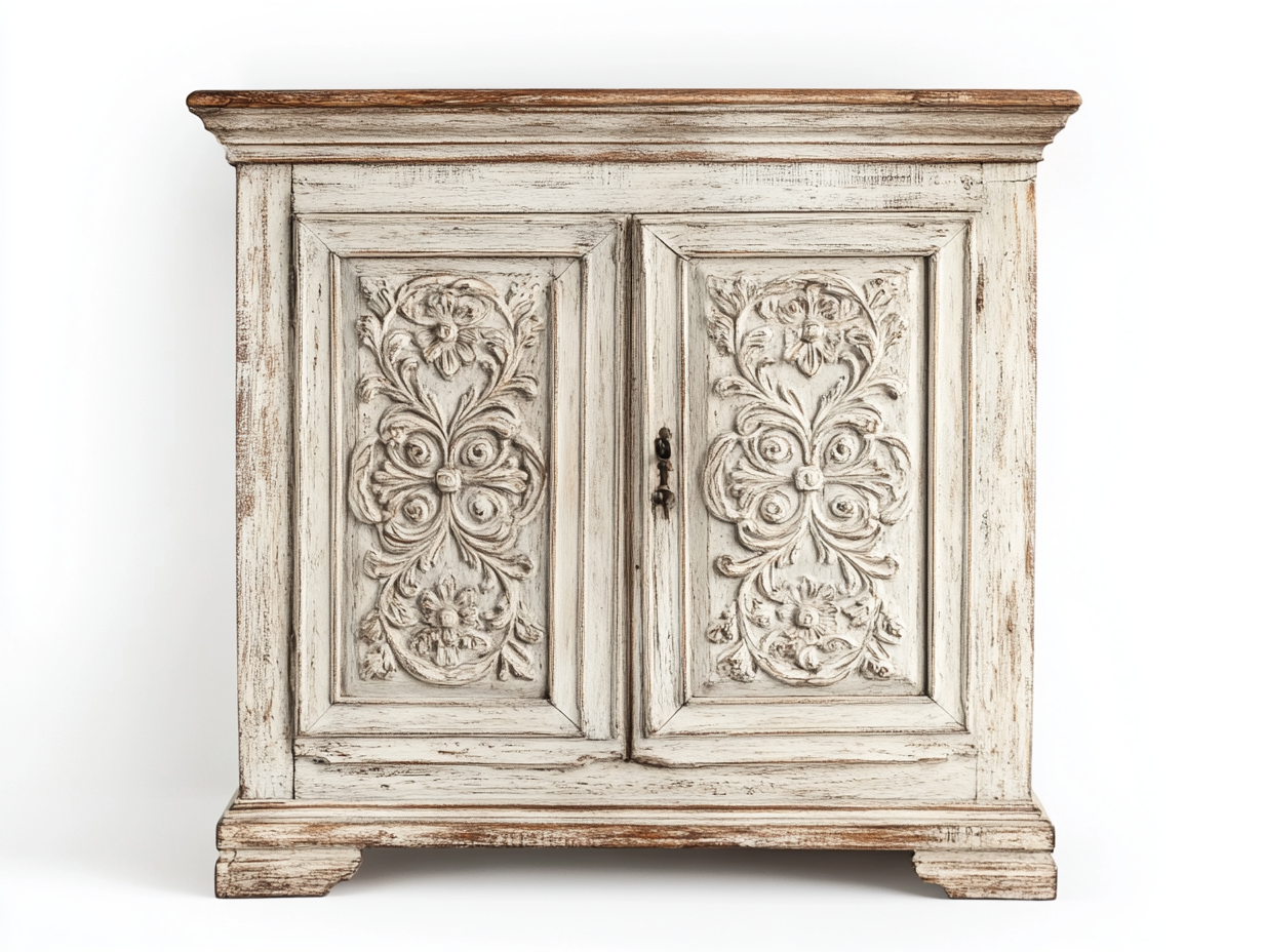 Armario vintage de madera blanca con detalles tallados para salón o entrada VD3893084