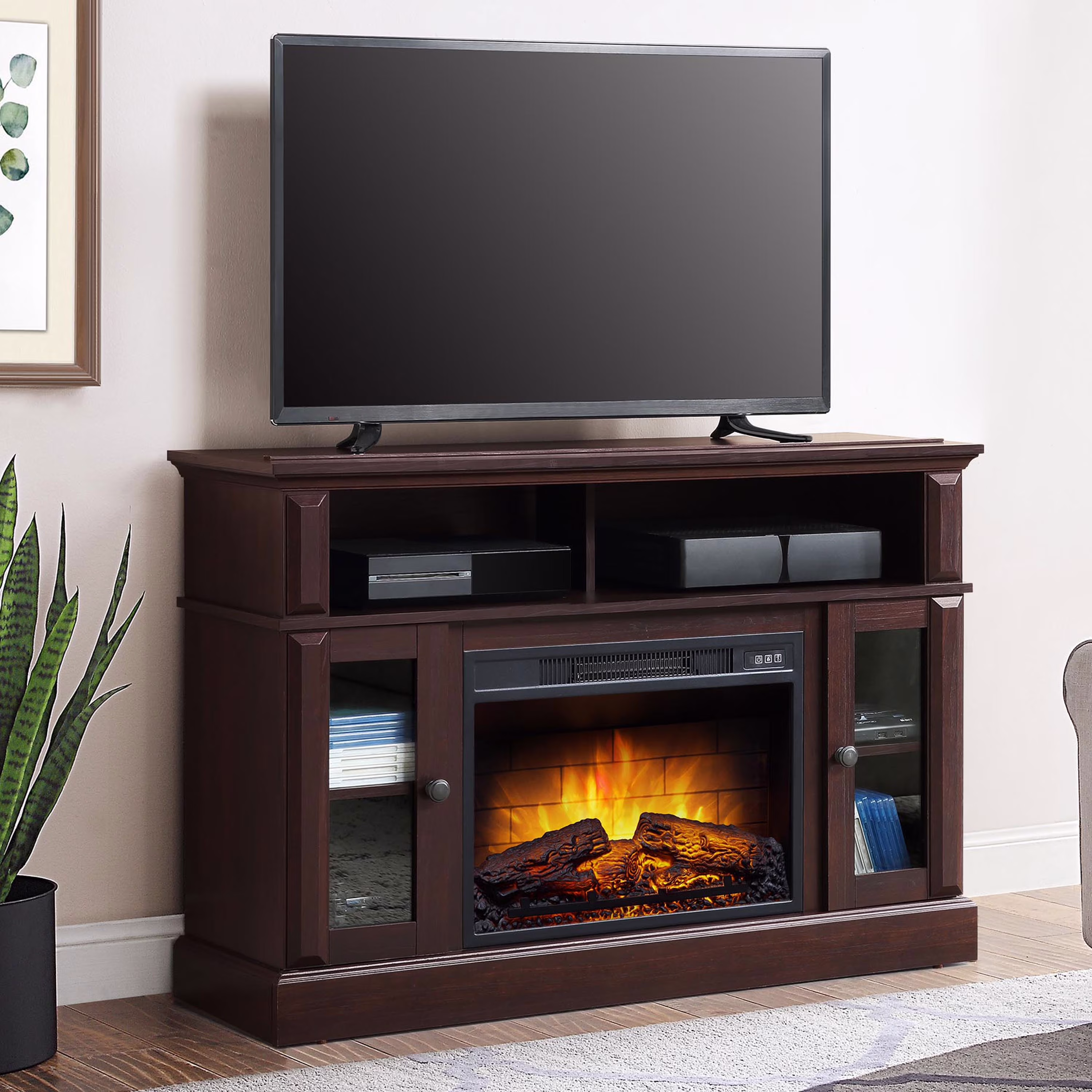 Whalen Furniture Barston Media Fireplace TV Stand for Tvs up to 55, Cherry Brown Finish(Cherry Brown/Single)