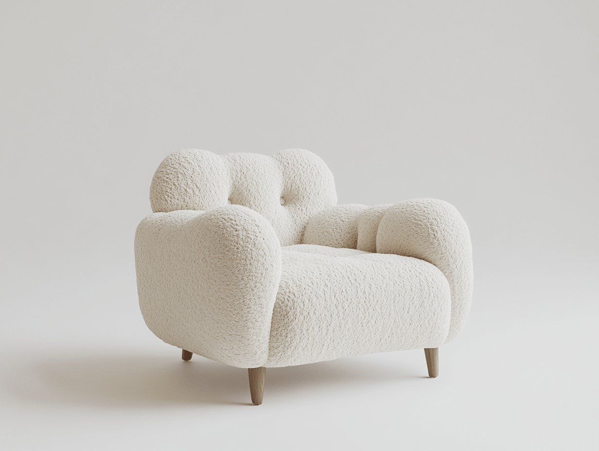 Sillón acolchado 95×85×80 cm – tapizado en bouclé blanco roto con patas de madera – diseño envolvente con volumen abullonado