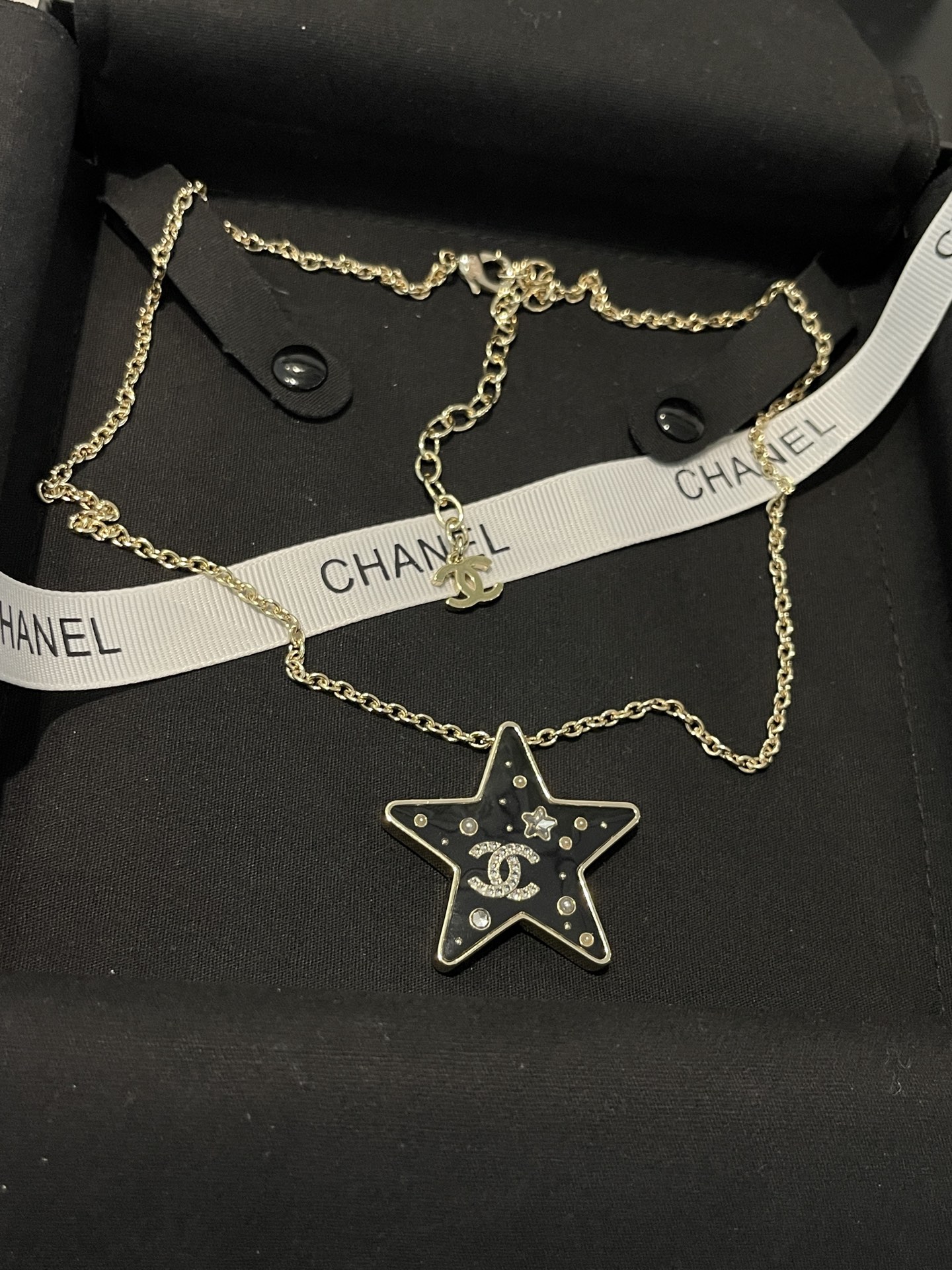 Chanel Diamond Paved Black Enamel Star Pendant Necklace - Original Replica Club