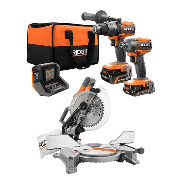 18V Brushless Cordless 2-Tool Combo Kit with (2) Batteries. Charger. Bag. and 15 Amp 10 in. Dual Bevel Miter Saw