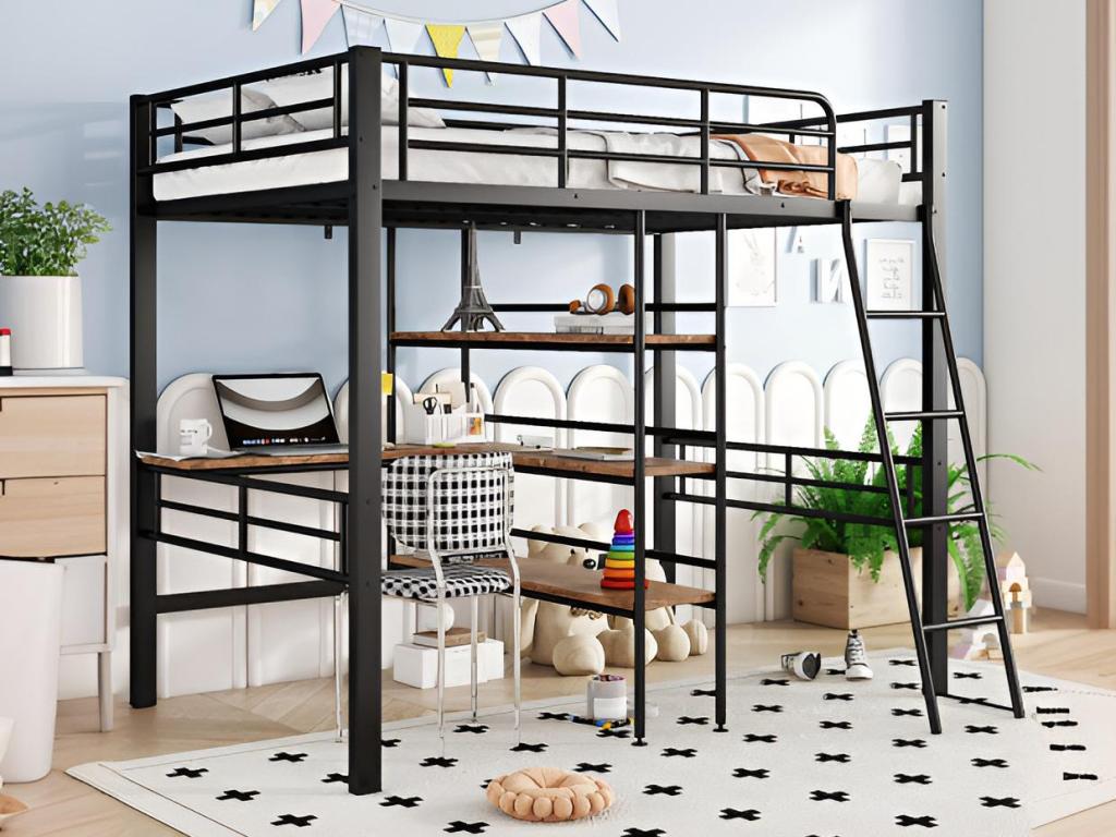 Cama alta 90x200 cm - con escritorio y estantes de almacenamiento - Negro