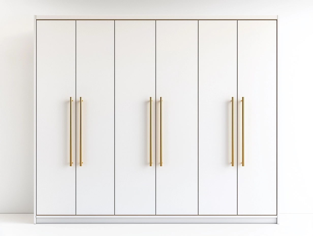 Armario moderno blanco de puertas batientes con tiradores dorados para dormitorio de 240x60x220 cm en madera elegante almacenamiento KJ1447057