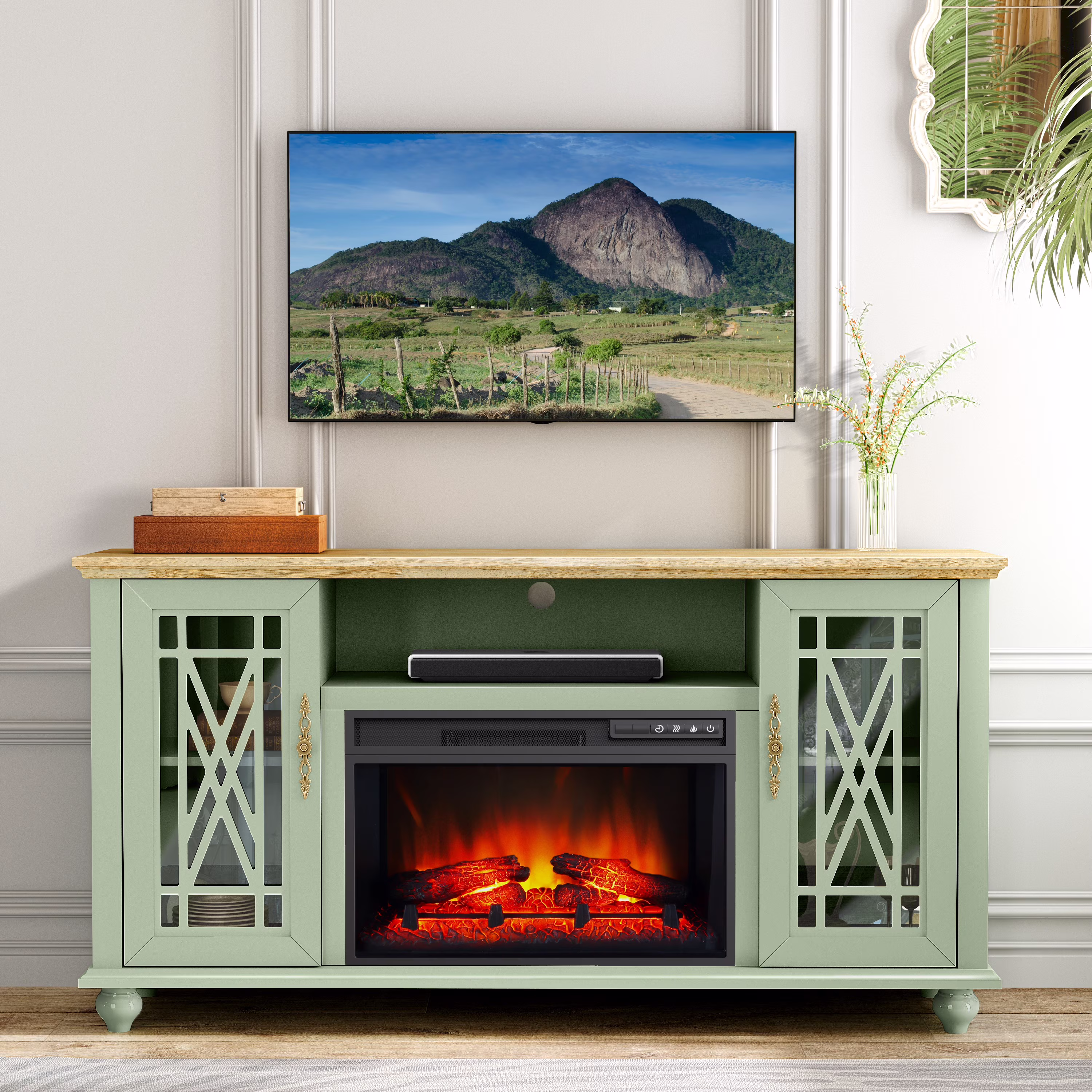 FESTIVO Elegant 61" TV Stand with Fireplace - Green(Green)