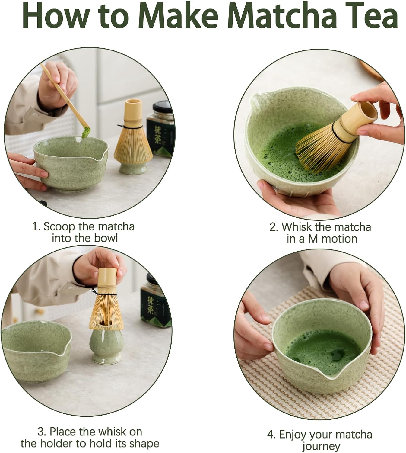 Matcha Set, Japanese Tea Set Includes Matcha Bowl with Spout, Matcha Whisk Holder, Bamboo Matcha Whisk and Bamboo Scoop, 17 oz Mottled Green Glaze Ceramic Matcha Kit for Tea Lovers