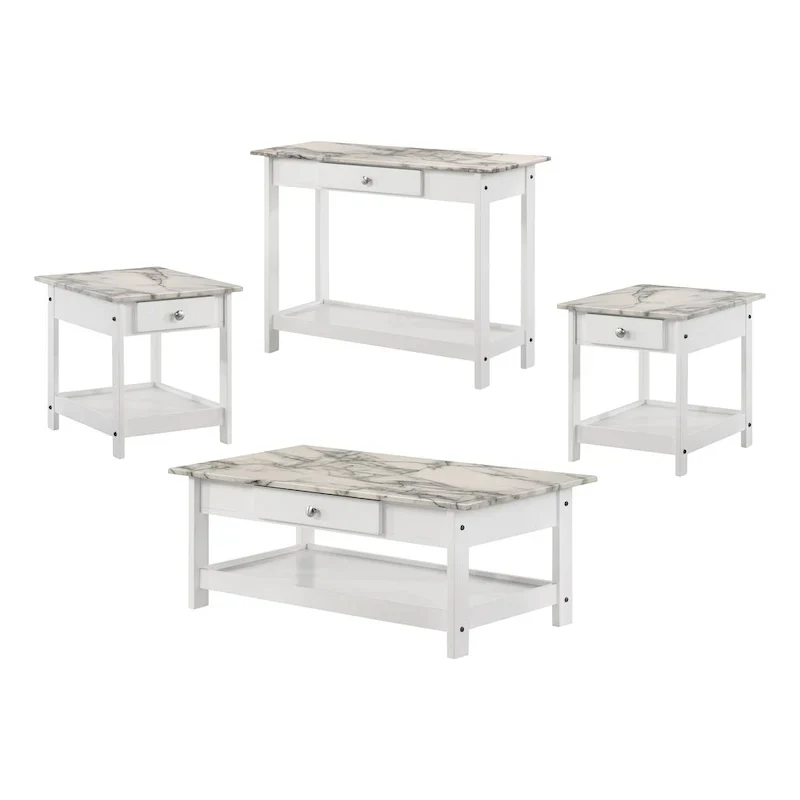 Denhour DH BASIC 4-Piece Open-Shelf Coffee Table Set with Drawer in Transitional Rubberwood