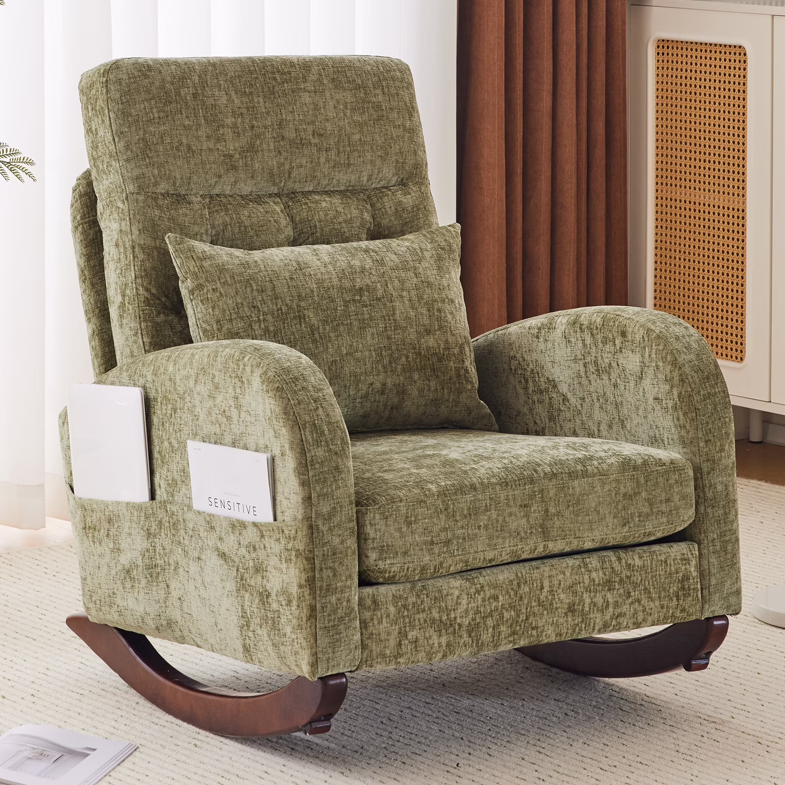 Ktaxon Rocking Accent Chair Glider Reading Chair Comfy Teddy Velvet Upholstered Single Sofa Rocker for Living Room, Nursery, Bedroom Beige - Image 9