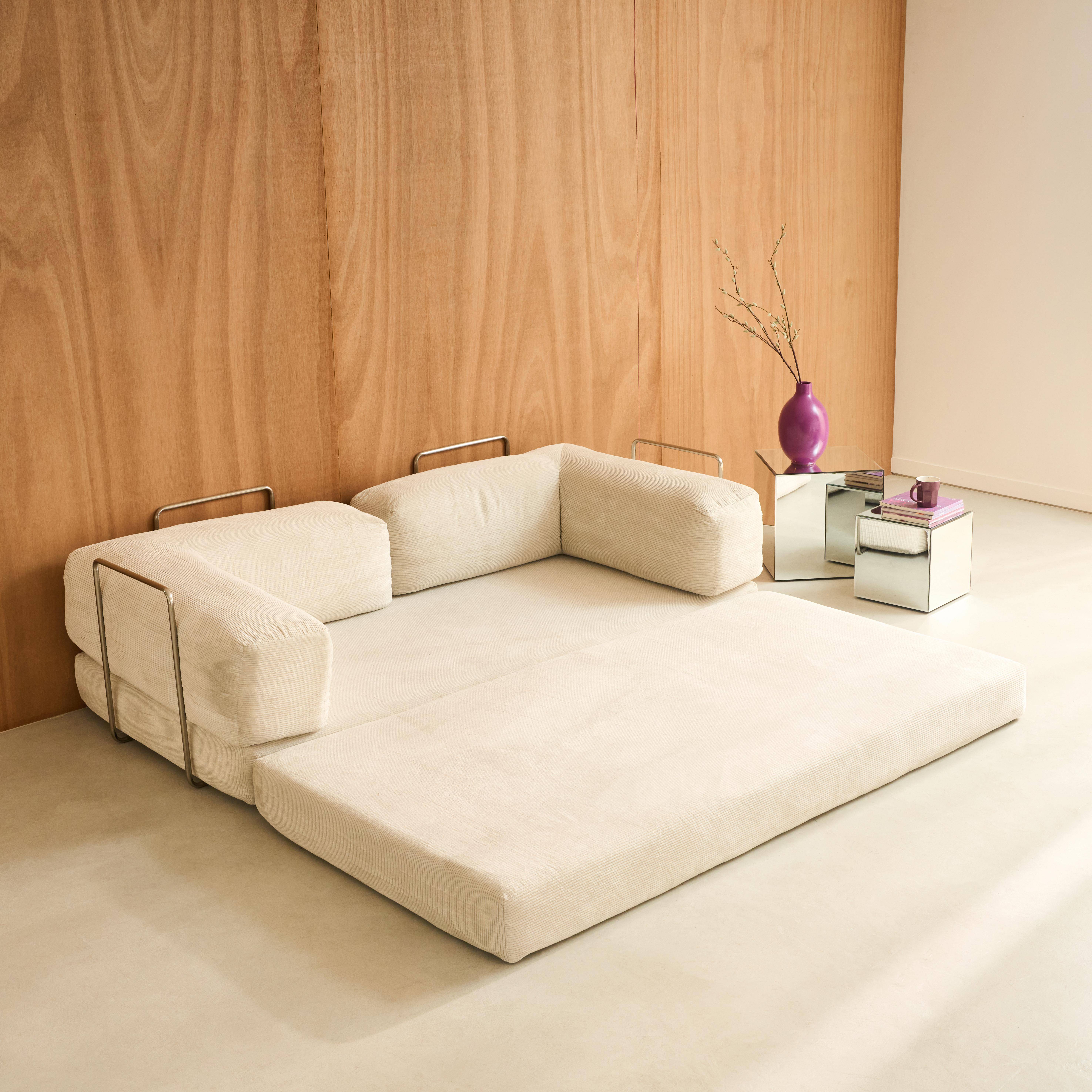 Seventies - Sofá cama con futón plegable en pana y estructura cromada, 3 plazas