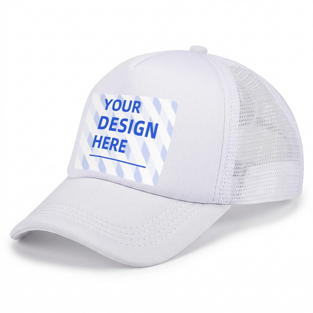 An angled profile of an all-white custom trucker hat featuring a white foam front panel, a white mesh back, a curved white bill, and a rectangular patch with a blue patterned design and the text 'YOUR DESIGN HERE'.