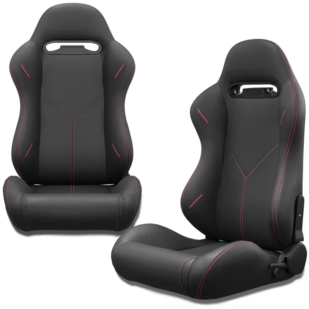 2PC Universal Reclinable Bucket Racing Seats With Adjustor Slider - Red PVC Leather - Image 2 2PC Universal Reclinable Bucket Racing Seats With Adjustor Slider - Red PVC Leather - Image 2