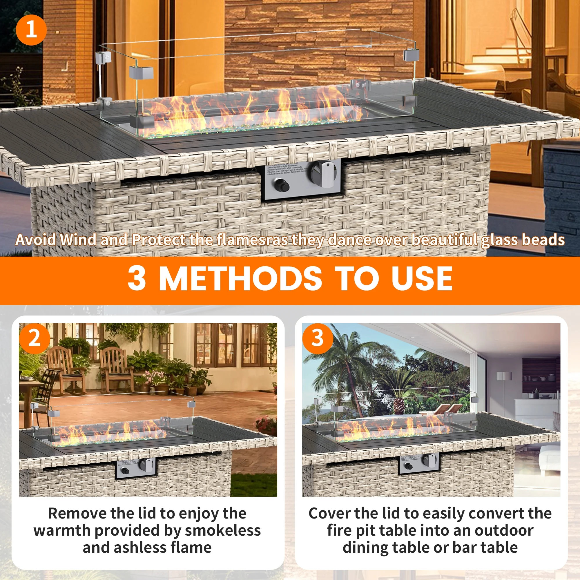 MRUAKA 8 Pieces Patio Furniture Set with Fire Pit Table, Outdoor Furniture Sectional Rattan Sofa with Slanted Back, Patio Couch with Glass Coffee Table for Backyard Garden (Dark Grey) - Image 5