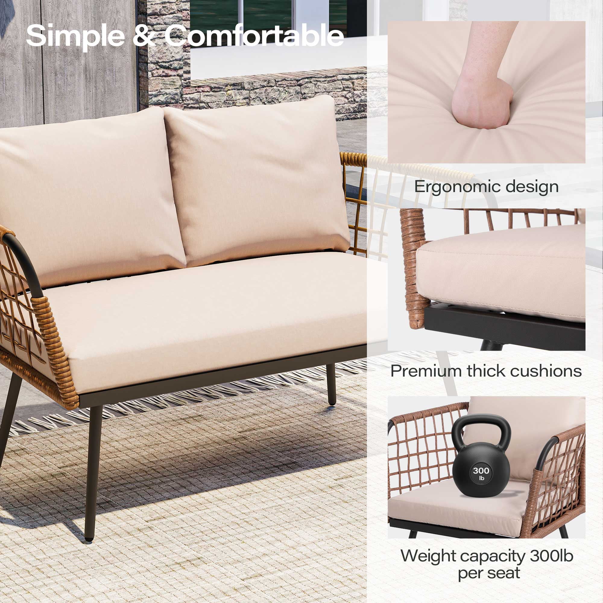 LAUSAINT HOME 4 Pieces Outdoor Conversation Sets, Patio Metal Frame Sofa with Wood Loveseat and Coffee Table, Beige Cushions - Image 5